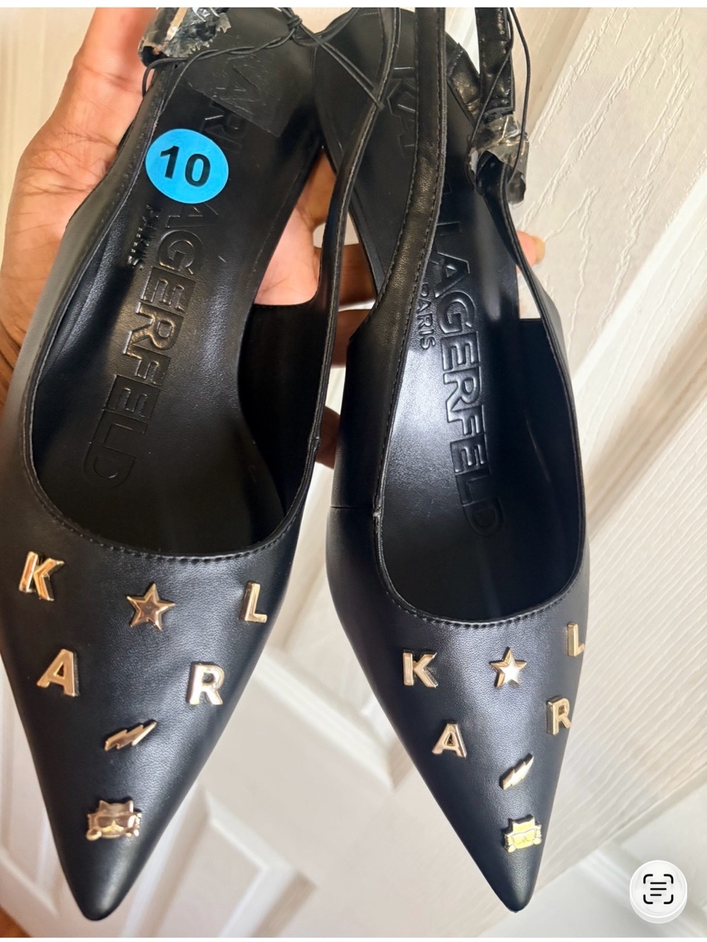 Karl Lagerfeld Black Pointed Slingback Flats with Gold Letter Studs